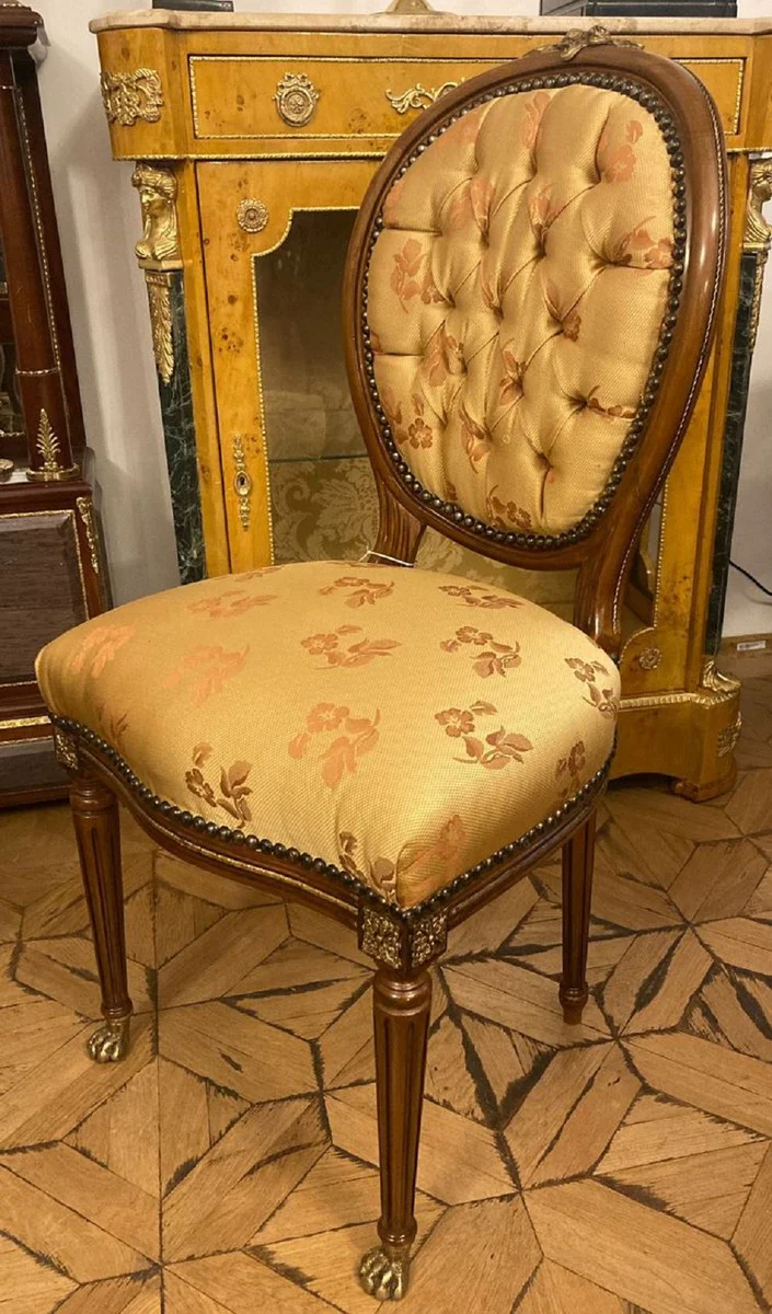 Luxus Barock Esszimmer Stuhl Gold Muster / Braun / Antik Messing - Handgefertigter Massivholz Stuhl mit Löwenfüßen - Barockstil Küchenstuhl - Esszimmer Möbel im Barockstil