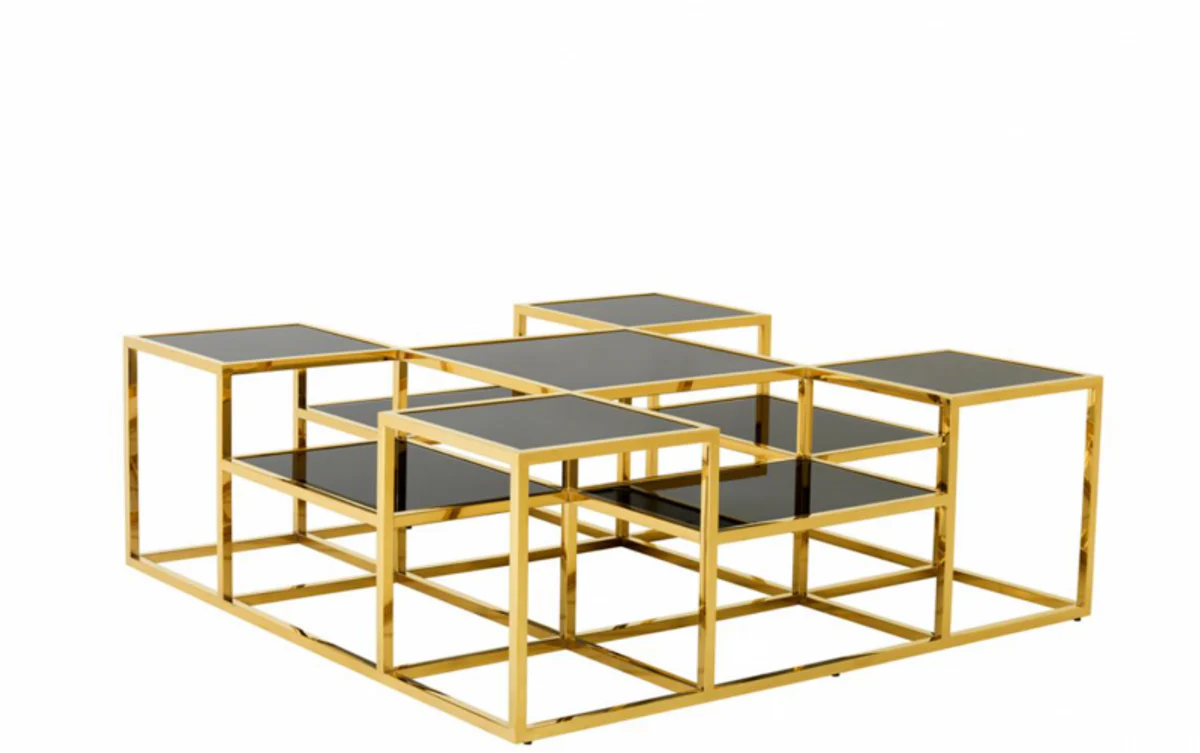 Luxus Art Deco Designer Couchtisch Gold mit schwarzem Glas - Wohnzimmer Salon Tisch - Luxus Kollektion