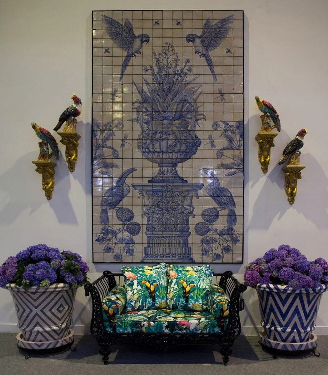 Luxus Barock Sofa Schwarz / Mehrfarbig 137 x 87 x H. 77 cm - Handgeschmiedetes Schmiedeeisen Sofa mit Kissen - Wohnzimmer Sofa - Garten Sofa - Terrassen Sofa - Barock Möbel