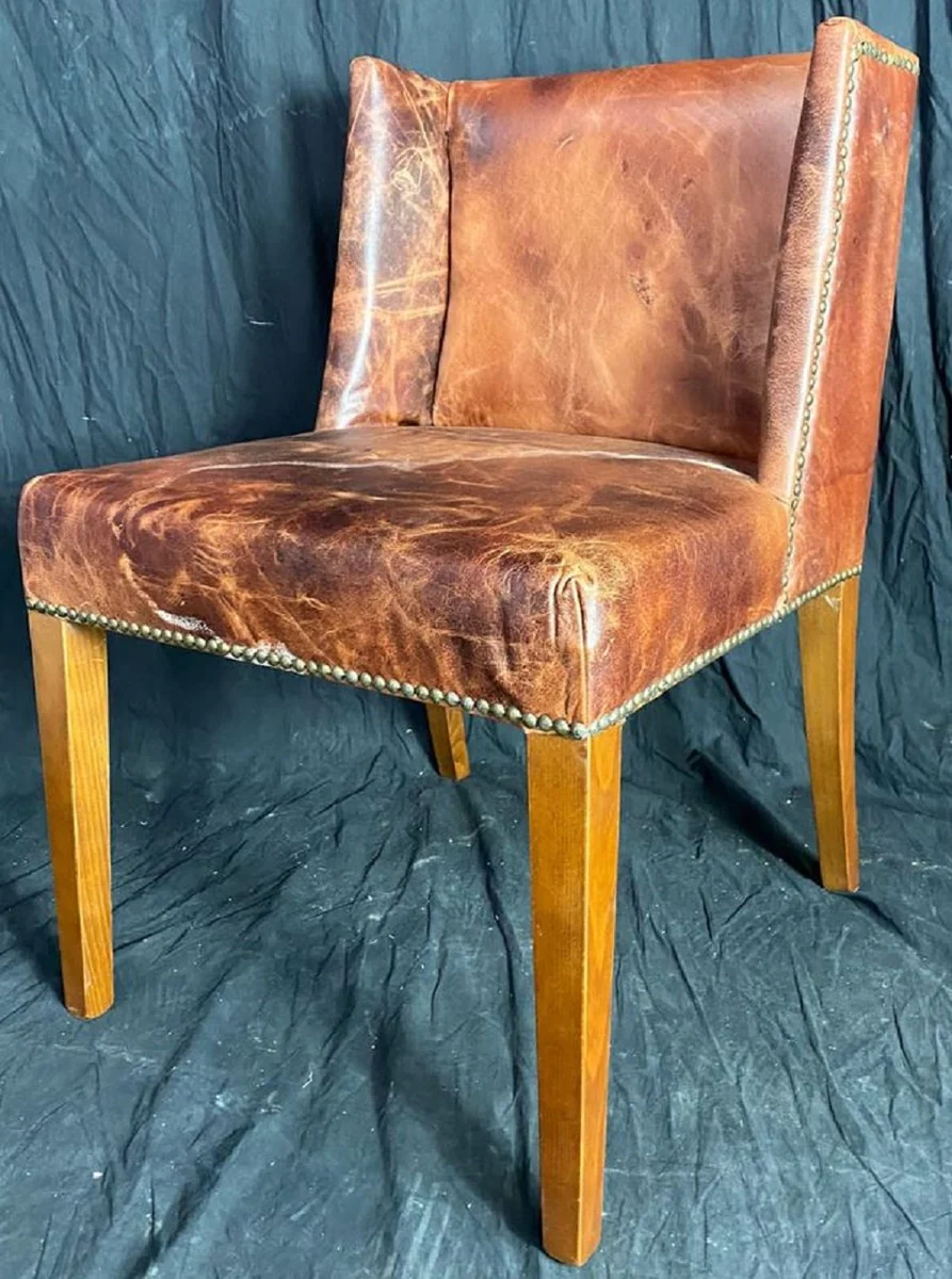 Luxus Leder Esszimmer Stuhl Set Vintage Braun / Hellbraun 56 x 52 x H. 81 cm - Echtleder Küchen Stühle 6er Set - Esszimmer Möbel - Leder Möbel - Luxus Möbel - Luxus Einrichtung