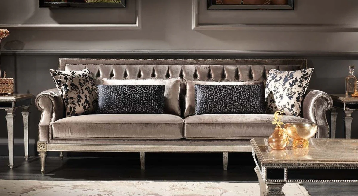 Luxus Barock Wohnzimmer Samt Sofa Rosa / Antik Silber 250 x 88 x H. 100 cm - Edel & Prunkvoll