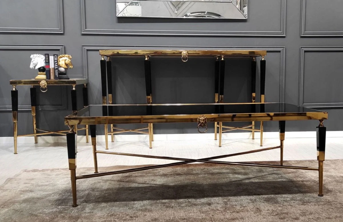 Luxus Couchtisch Schwarz / Gold 130 x 70 x H. 45 cm - Wohnzimmertisch mit Kunstmarmor Tischplatte - Luxus Wohnzimmer Möbel - Hotel Möbel - Luxus Einrichtung - Hotel Einrichtung