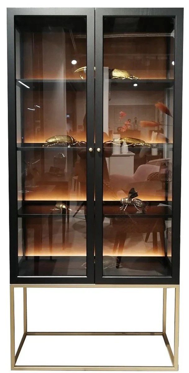 Luxus Vitrine mit LED Beleuchtung Matt Schwarz / Messing / Matt Cognac 90 x 40 x H. 200 cm - Beleuchteter Massivholz Vitrinenschrank mit 2 Glastüren - Wohnzimmer Möbel - Luxus Möbel