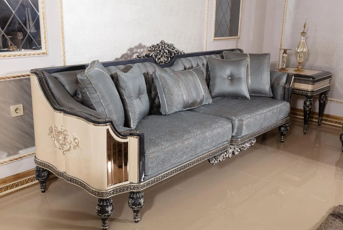 Luxus Barock Sofa Hellblau / Beige / Schwarz / Gold - Prunkvolles Wohnzimmer Sofa mit elegantem Muster - Barock Wohnzimmer & Hotel Möbel - Edel & Prunkvoll