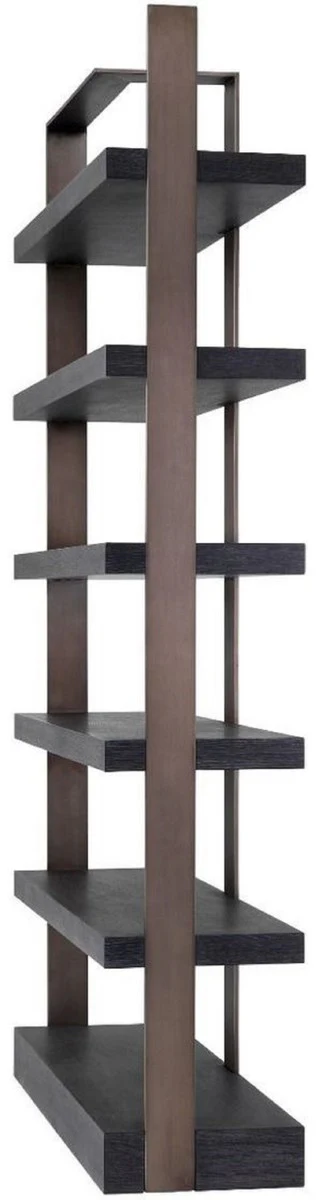 Luxus Regalschrank Schwarz / Bronze 120,5 x 40 x H. 230 cm - Eichenfurnier Schrank mit Edelstahlrahmen - Bücherschrank - Luxus Wohnzimmer Möbel