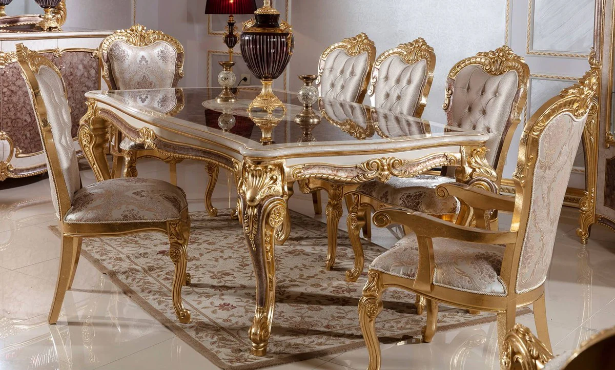 Luxus Barock Esszimmer Set Weiß / Silber / Braun / Gold - 1 Barock Esstisch & 6 Barock Esszimmerstühle - Barock Esszimmer Möbel - Edel & Prunkvoll