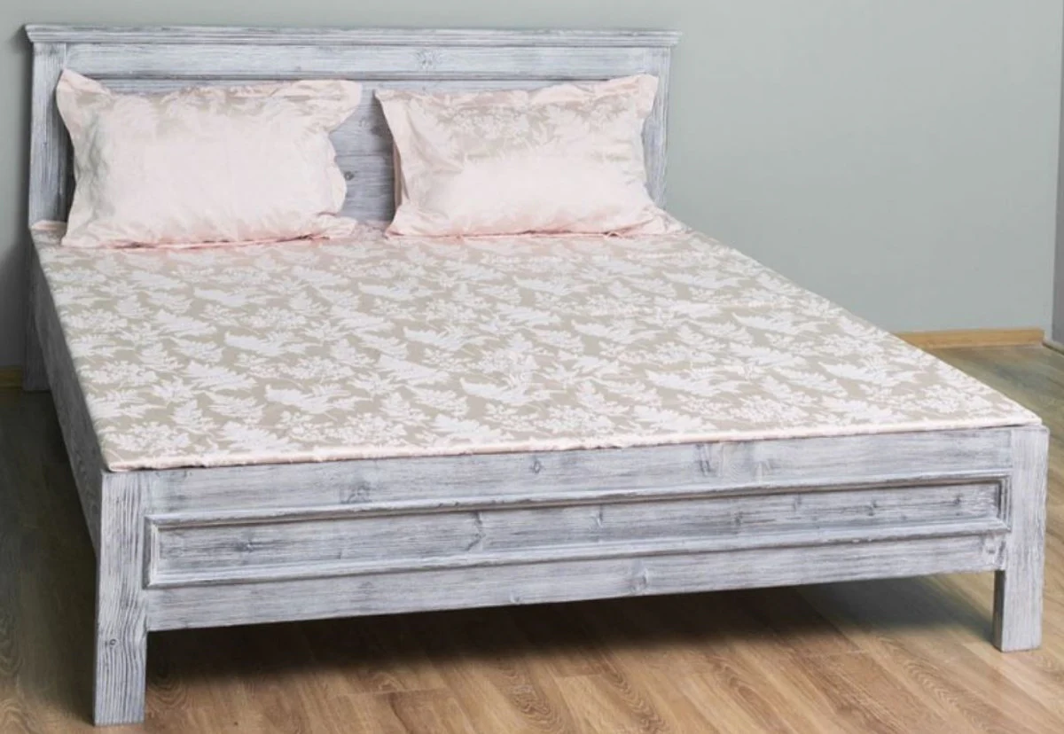 Landhausstil Massivholz Bett Antik Grau 160 x 200 x H. 93 cm - Massivholz Doppelbett - Landhausstil Schlafzimmer Möbel