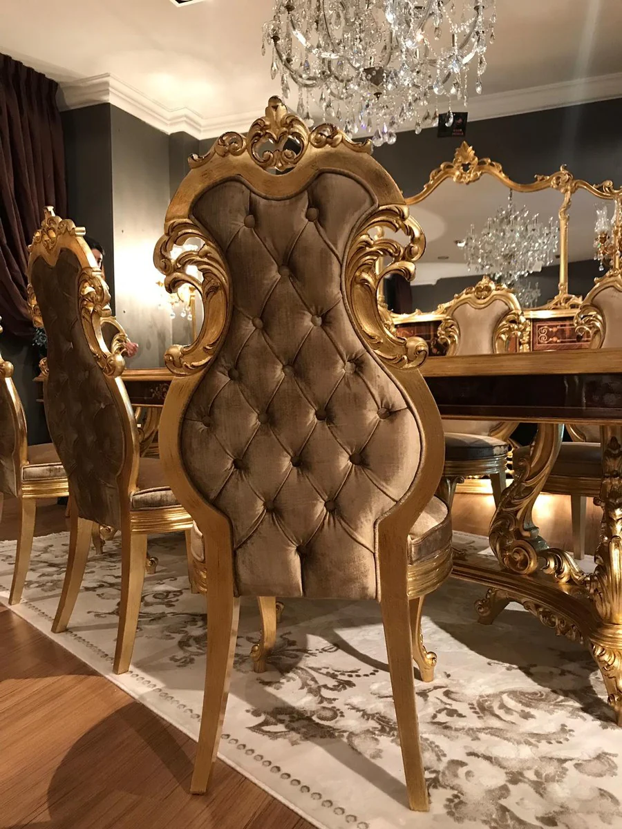 Luxus Barock Esszimmer Set Braun / Antik Gold - 1 Esstisch & 8 Esszimmerstühle - Esszimmer Möbel im Barockstil - Edel & Prunkvoll