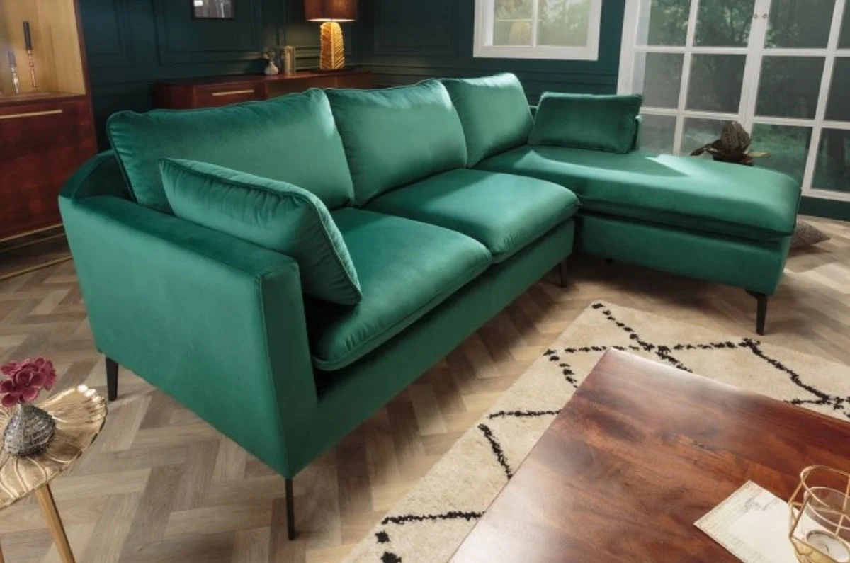 Samt Ecksofa Smaragdgrün / Schwarz 260 x 160 x H. 93 cm - Wohnzimmer Sofa mit Kissen im Retro Style - Wohnzimmer Möbel