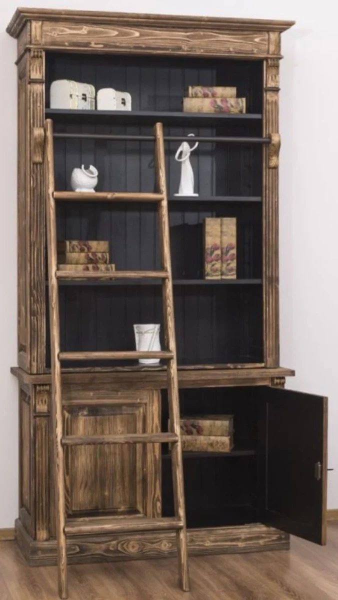 Landhausstil Bücherschrank mit Leiter Braun / Schwarz 120 x 51 x H. 228 cm - Massivholz Schrank - Regalschrank - Wohnzimmerschrank - Büroschrank - Landhausstil Möbel
