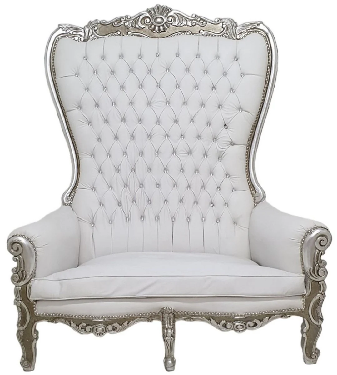 Barock Hochlehn 2er Sofa Weiß / Silber - Prunkvolles Barockstil Kunstleder Sofa mit Glitzersteinen - Wohnzimmer Möbel im Barockstil - Barock Möbel - Edel & Prunkvoll