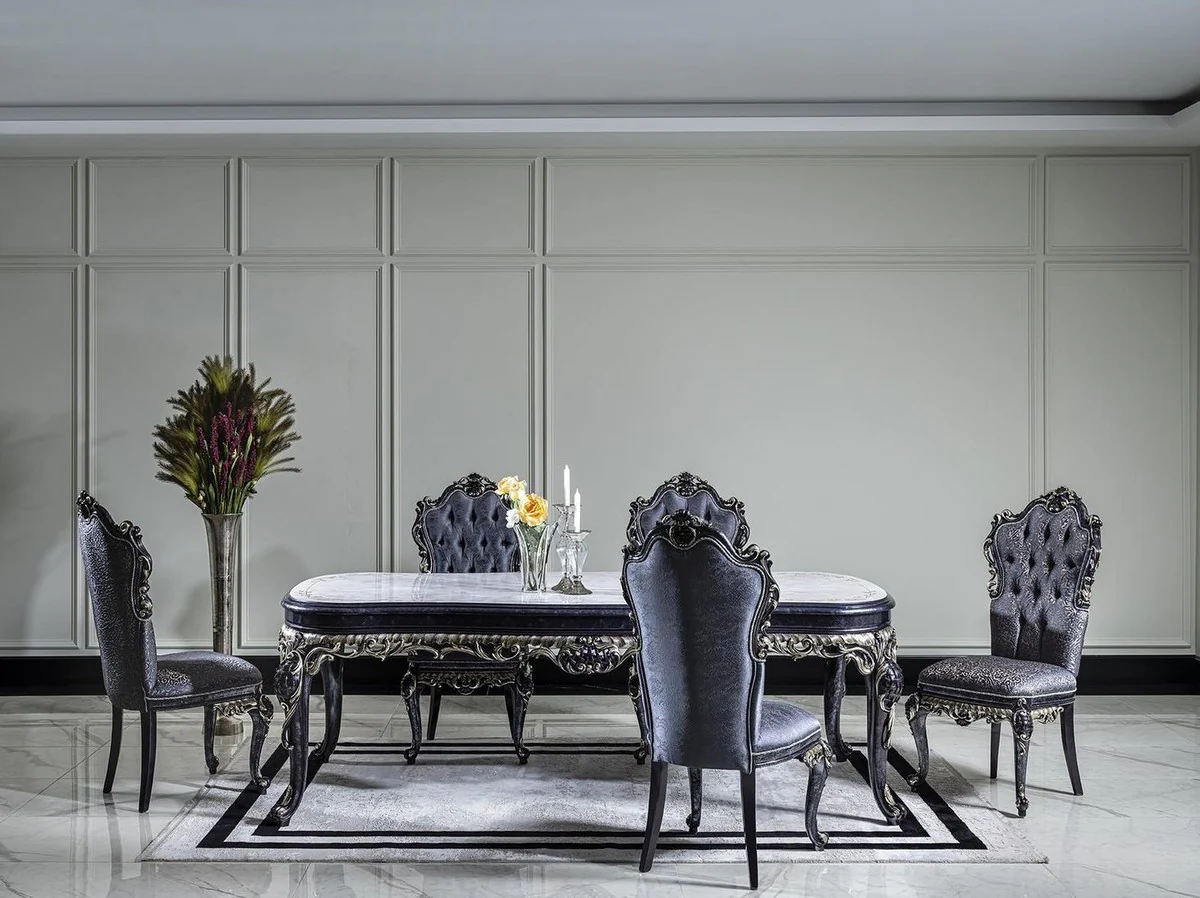 Luxus Barock Esstisch Weiß / Blau / Gold - Handgefertigter Massivholz Esszimmertisch - Barock Esszimmer Möbel - Edel & Prunkvoll