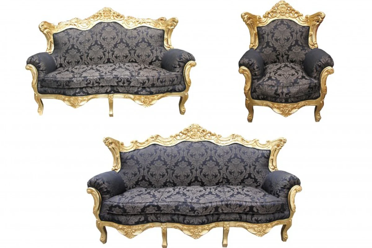 Barock Wohnzimmer Set Schwarz Muster/ Gold - 3er Sofa+2er Sofa + 1 Sessel
