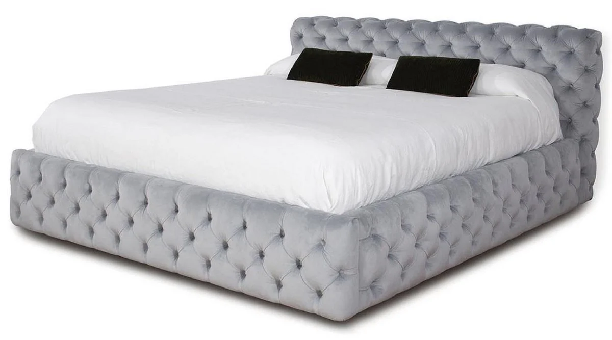 Luxus Chesterfield Doppelbett Grau 212 x 236 x H. 98 cm - Massivholz Bett mit Kopfteil - Schlafzimmer Möbel - Hotel Möbel - Luxus Möbel - Chesterfield Möbel