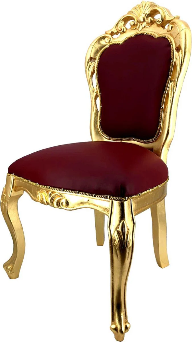 Luxus Barock Esszimmerstuhl Set Bordeauxrot / Gold - 4 handgefertigte Esszimmerstühle mit Lederoptik - Barock Esszimmer Möbel