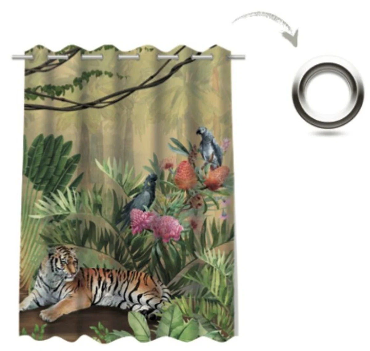 Luxus Vorhang Set Dschungel & Tiger Mehrfarbig 250 x H. 290 cm - Bedruckte Leinen & Samt Vorhänge - Ösenvorhänge - Schiebevorhänge - Wohnzimmer Schlafzimmer Vorhänge