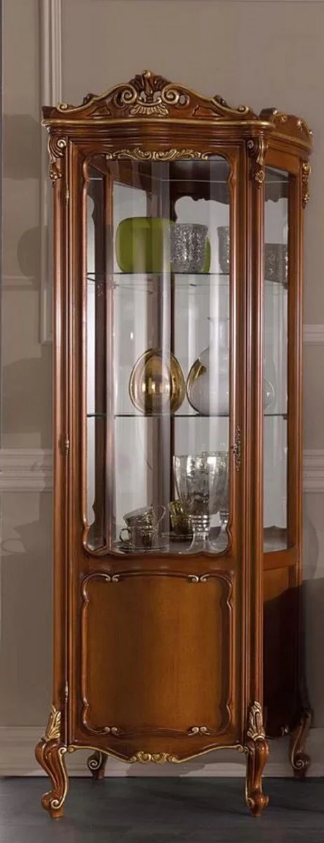 Luxus Barock Vitrine Braun / Gold - Handgefertigter Vitrinenschrank mit Tür - Prunkvolle Barock Möbel - Luxus Qualität - Made in Italy