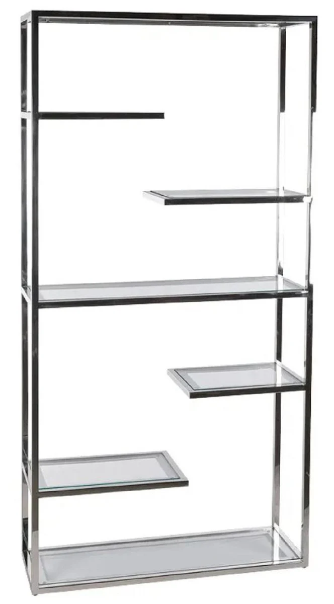 Regalschrank mit Glasregalen Silber 110 x 36 x H. 220 cm - Bücherschrank - Wohnzimmer Schrank - Büro Schrank - Wohnzimmer Möbel - Büro Möbel - Luxus Möbel