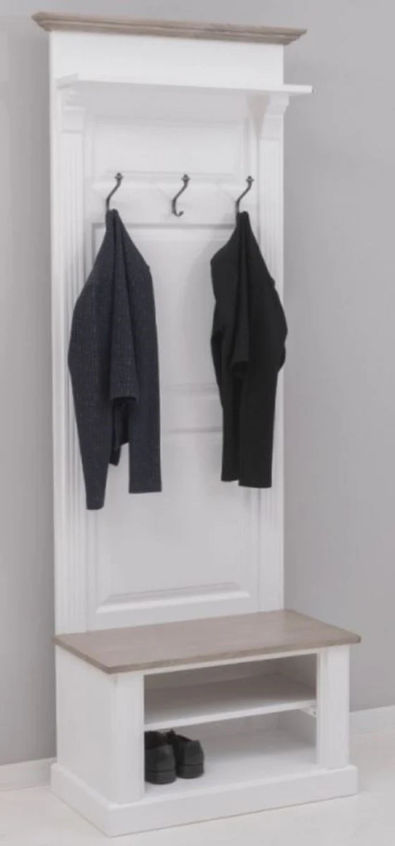 Landhausstil Massivholz Garderobenschrank Weiß / Graubraun 79 x 41 x H. 210 cm - Wand Garderobe - Flur Schrank - Flurmöbel - Garderobenmöbel - Landhausstil Möbel