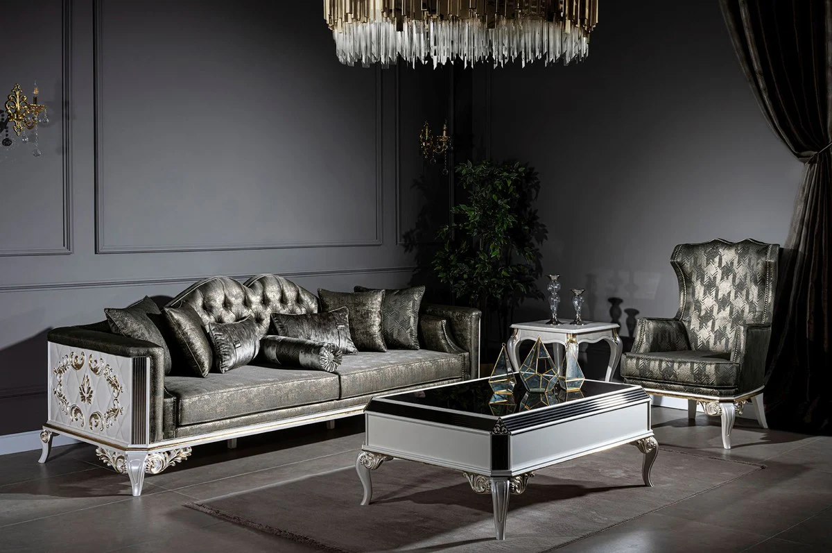 Luxus Barock Sofa Grün / Weiß / Gold 255 x 92 x H. 91 cm - Prunkvolles Wohnzimmer Sofa mit dekorativen Kissen - Edel & Prunkvoll