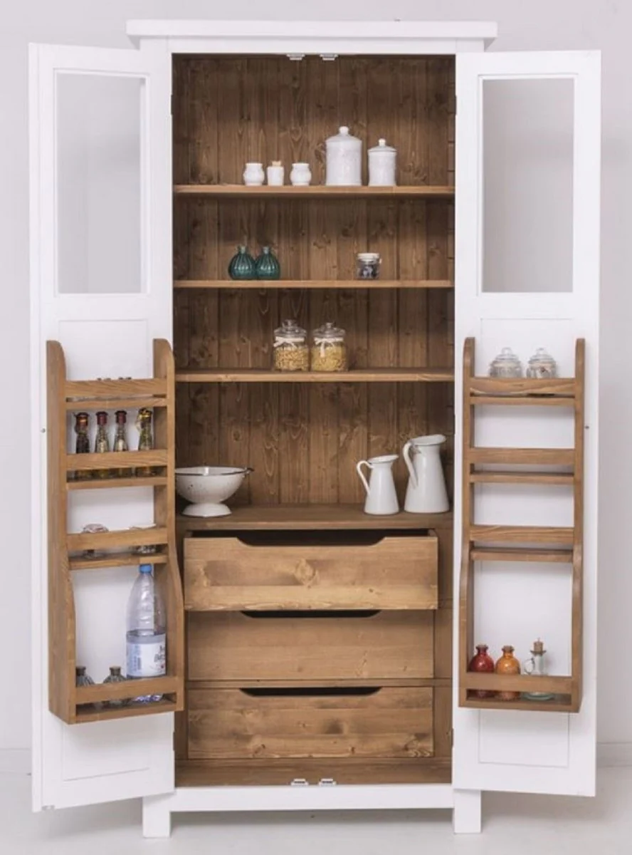 Landhausstil Esszimmerschrank Weiß / Naturfarben 96 x 65 x H. 220 cm - Massivholz Küchenschrank mit 2 Türen - Esszimmer Möbel im Landhausstil - Landhausstil Esszimmer Einrichtung