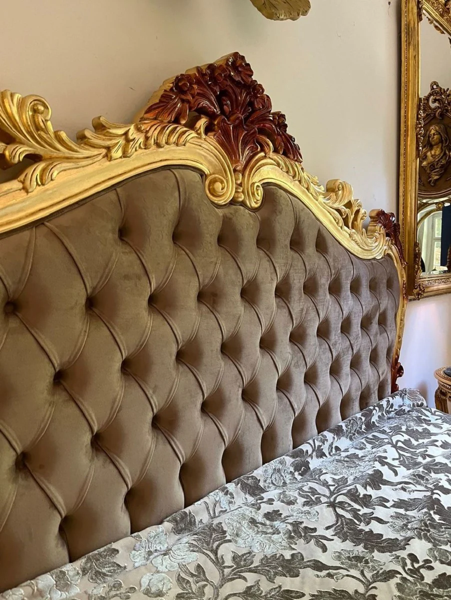 Luxus Barock Doppelbett mit Matratze Grau / Gold / Braun - Prunkvolles Massivholz Bett - Luxus Schlafzimmer Möbel im Barockstil - Barock Möbel - Edel & Prunkvoll