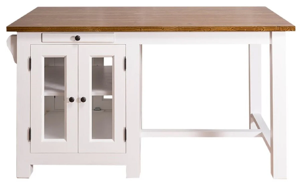 Landhausstil Kücheninsel mit 4 Glastüren und 2 Schubladen Weiß / Dunkelbraun 150 x 85 x H. 80 cm - Landhausstil Küchenmöbel