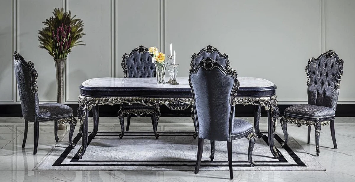 Luxus Barock Esszimmerstuhl Set Blau / Gold - Handgefertigtes Küchen Stühle 6er Set - Barock Esszimmer Möbel - Edel & Prunkvoll