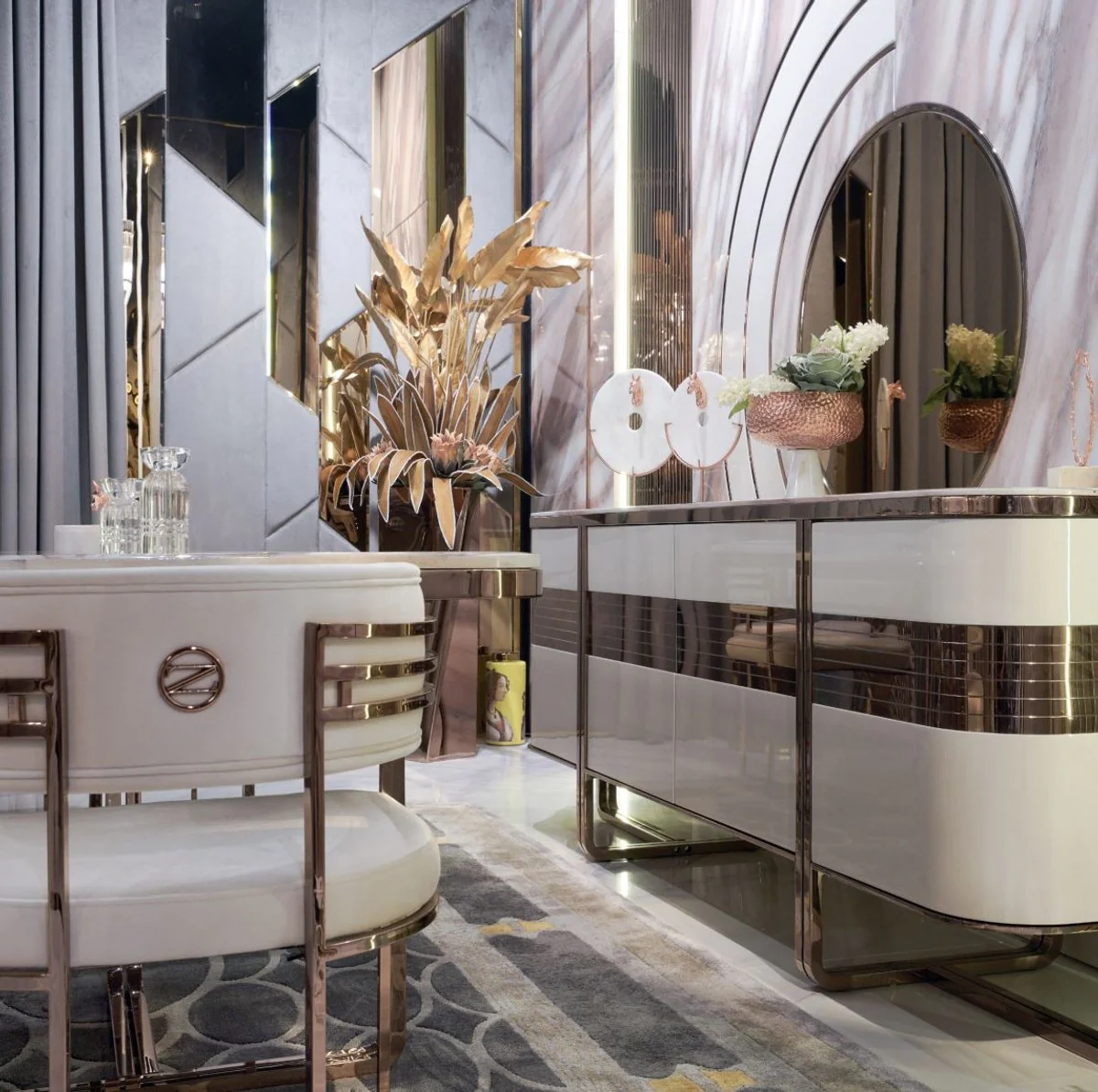 Luxus Esszimmer Set Creme / Weiß / Kupfer - 1 Luxus Esstisch mit Kunstmarmor Tischplatte & 8 Luxus Esszimmer Stühle - Esszimmer Möbel - Luxus Möbel - Luxus Einrichtung