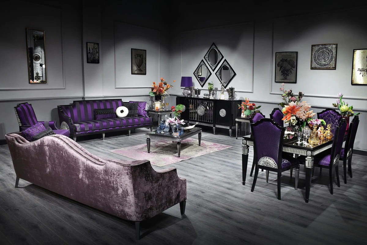 Luxus Barock Wohnzimmer & Esszimmer Set Lila / Schwarz / Silber - Barockmöbel