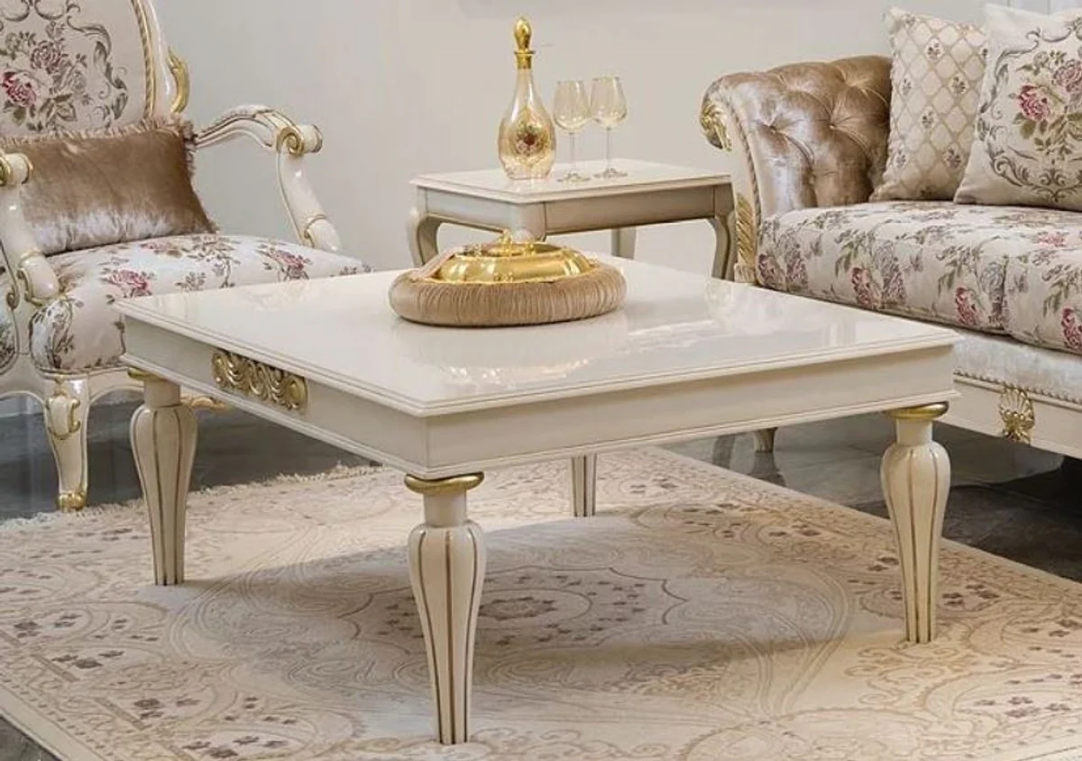 Luxus Barock Couchtisch Weiß / Gold 125 x 90 x H. 47 cm - Eleganter Massivholz Wohnzimmertisch im Barockstil - Barock Wohnzimmer Möbel