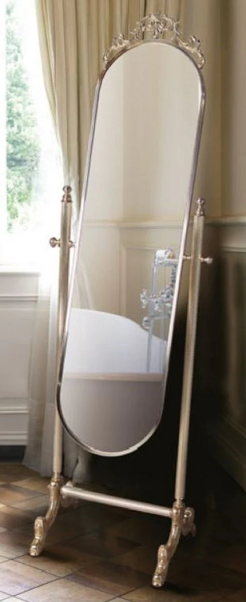 Luxus Barock Standspiegel Silber / Gold 51 x 41 x H. 165 cm - Edler Messing Spiegel - Badezimmer Spiegel - Schlafzimmer Spiegel - Barock Möbel - Luxus Qualität