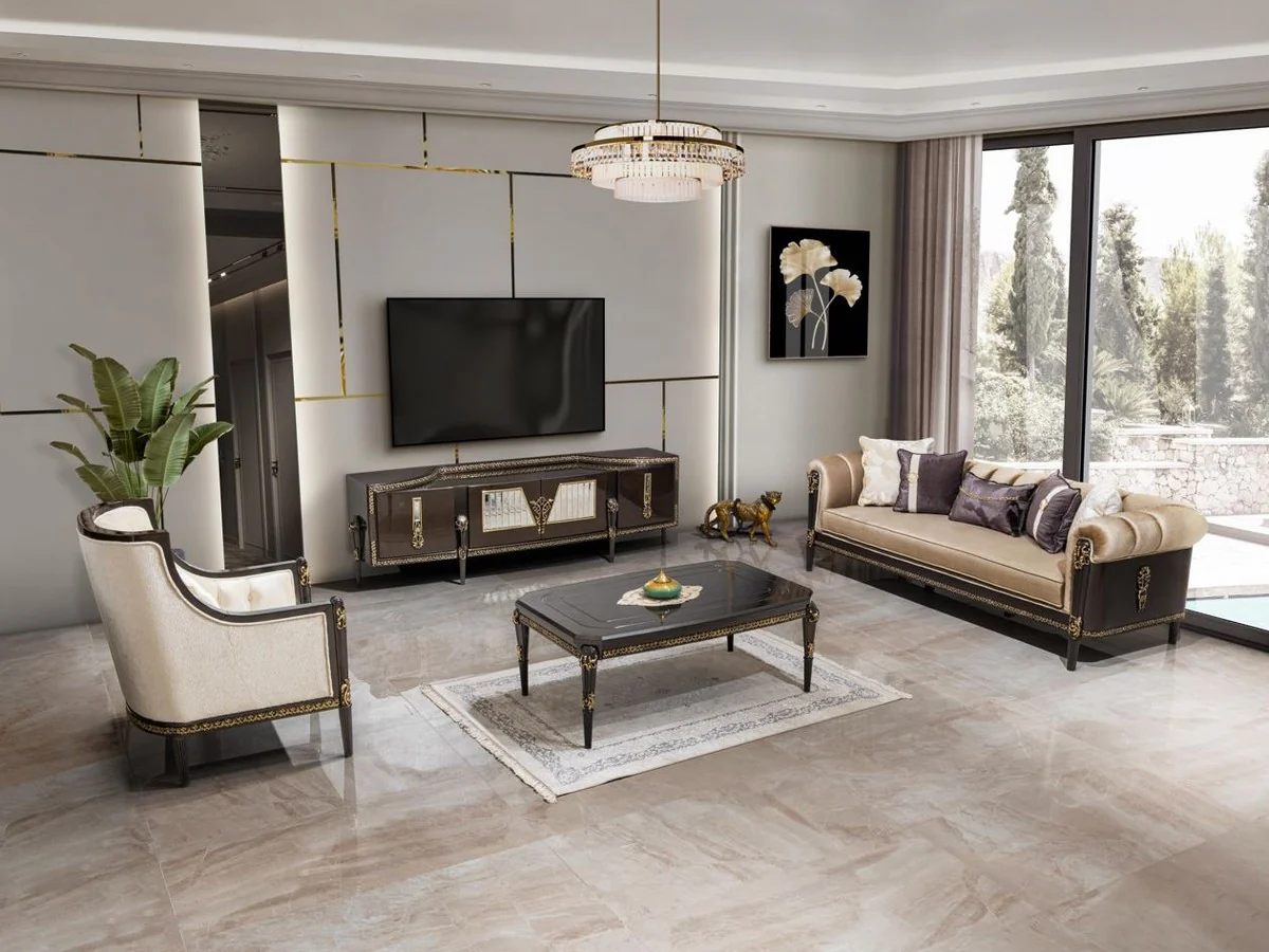 Luxus Barock Sofa Hellbraun / Dunkelbraun / Gold 235 cm - Barock Möbel