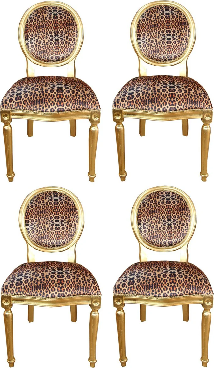 Luxus Barock Esszimmer Set Medaillon Leopard / Gold 50 x 52 x H. 99 cm - 4 handgefertigte Esszimmerstühle - Barock Esszimmermöbel