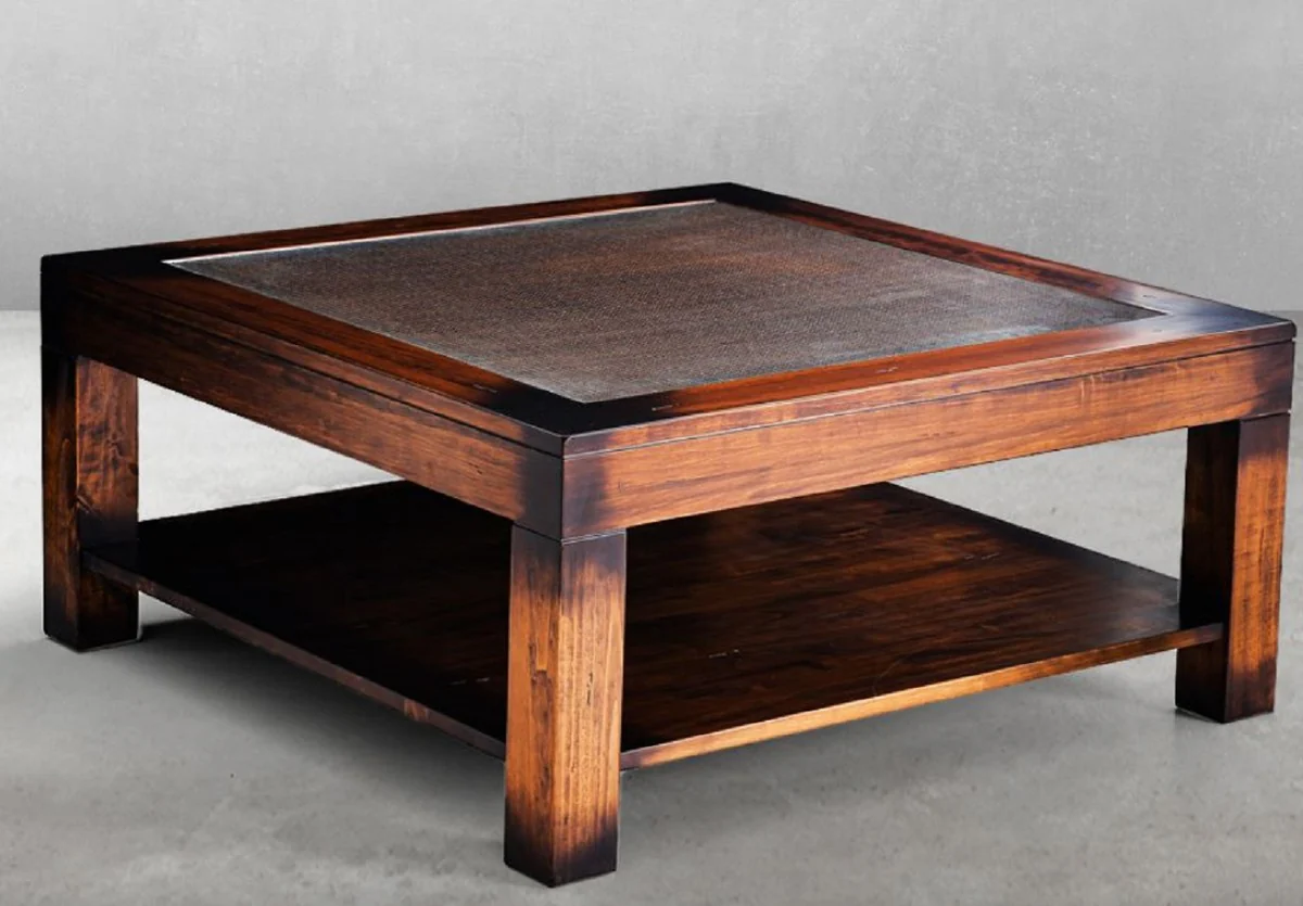 Luxus Vintage Stil Couchtisch Braun 100 x 100 x H. 45,5 cm - Quadratischer Massivholz Wohnzimmertisch mit Glasplatte - Vintage Stil Wohnzimmer Möbel - Luxus Möbel