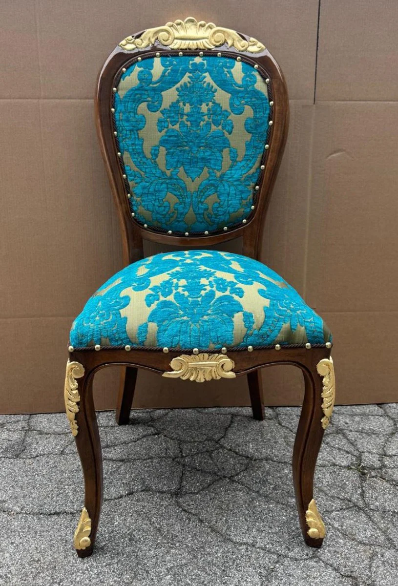 Luxus Barock Esszimmer Stuhl Blau / Gold / Braun / Gold - Barock Möbel