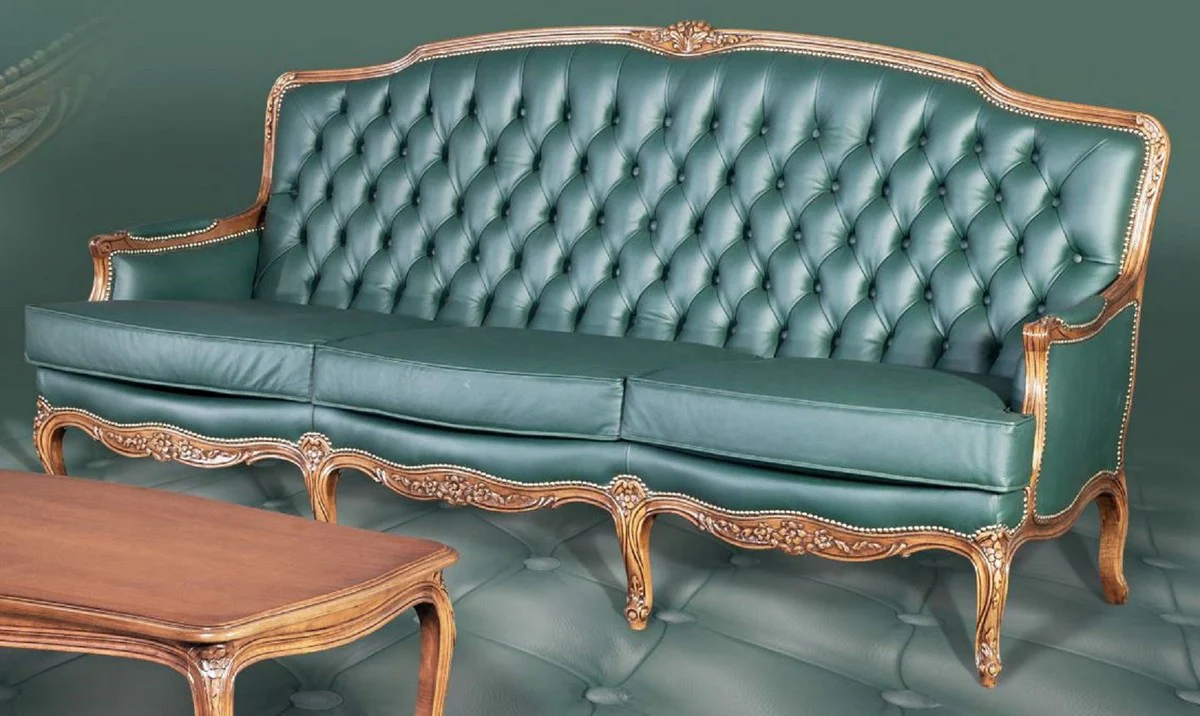 Luxus Barock Leder Sofa Grün / Braun - Elegantes Wohnzimmer Sofa mit hochwertigem Echtleder - Barock Wohnzimmer & Hotel Möbel - Luxus Qualität - Made in Italy