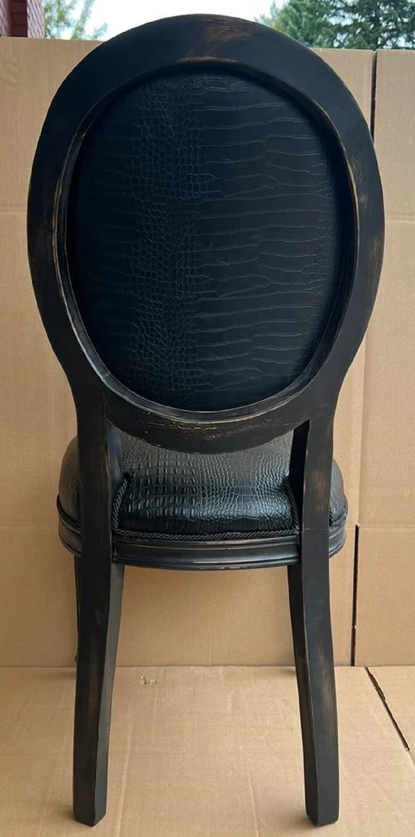 Luxus Barock Esszimmer Stuhl Schwarz - Handgefertigter Antik Stil Stuhl mit edlem Kunstleder in Kroko Optik - Prunkvolle Esszimmer Möbel im Barockstil