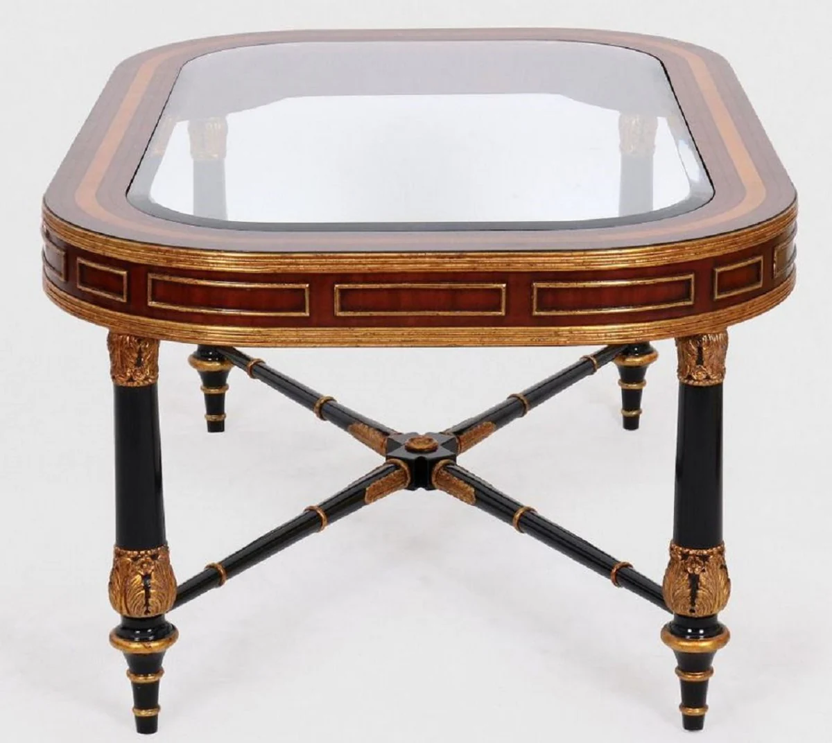 Luxus Barock Couchtisch Braun / Schwarz / Gold 122 x 81 x H. 56 cm - Edler Massivholz Wohnzimmertisch mit Glasplatte - Barock Möbel