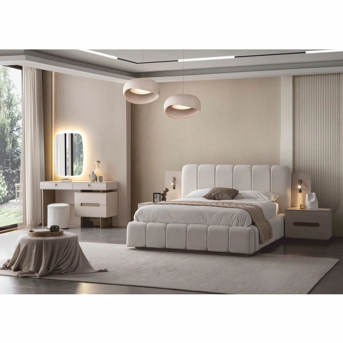 Luxus Schlafzimmer Set Weiß / Grau - 1 Doppelbett & 2 Nachttische