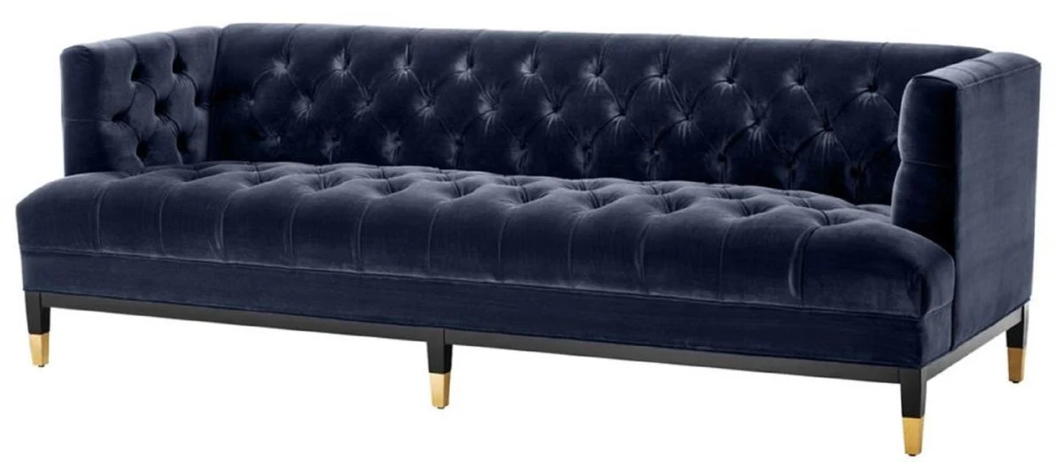 Luxus Wohnzimmer Sofa Mitternachtsblau / Schwarz / Messingfarben 230 x 85 x H. 79 cm - Chesterfield Samtsofa