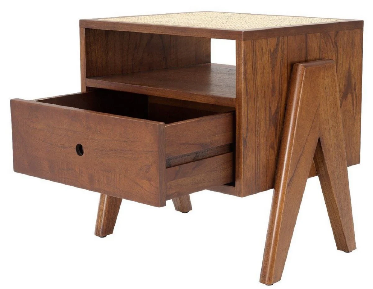 Luxus Nachttisch Braun / Naturfarben 58 x 45 x H. 55,5 cm - Massivholz Beistelltisch mit Rattangeflecht - Luxus Schlafzimmer Möbel