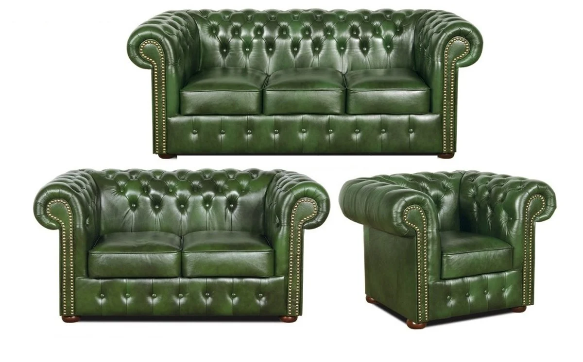 Chesterfield Wohnzimmer 3er Set Grün - Luxus Echtleder Möbel