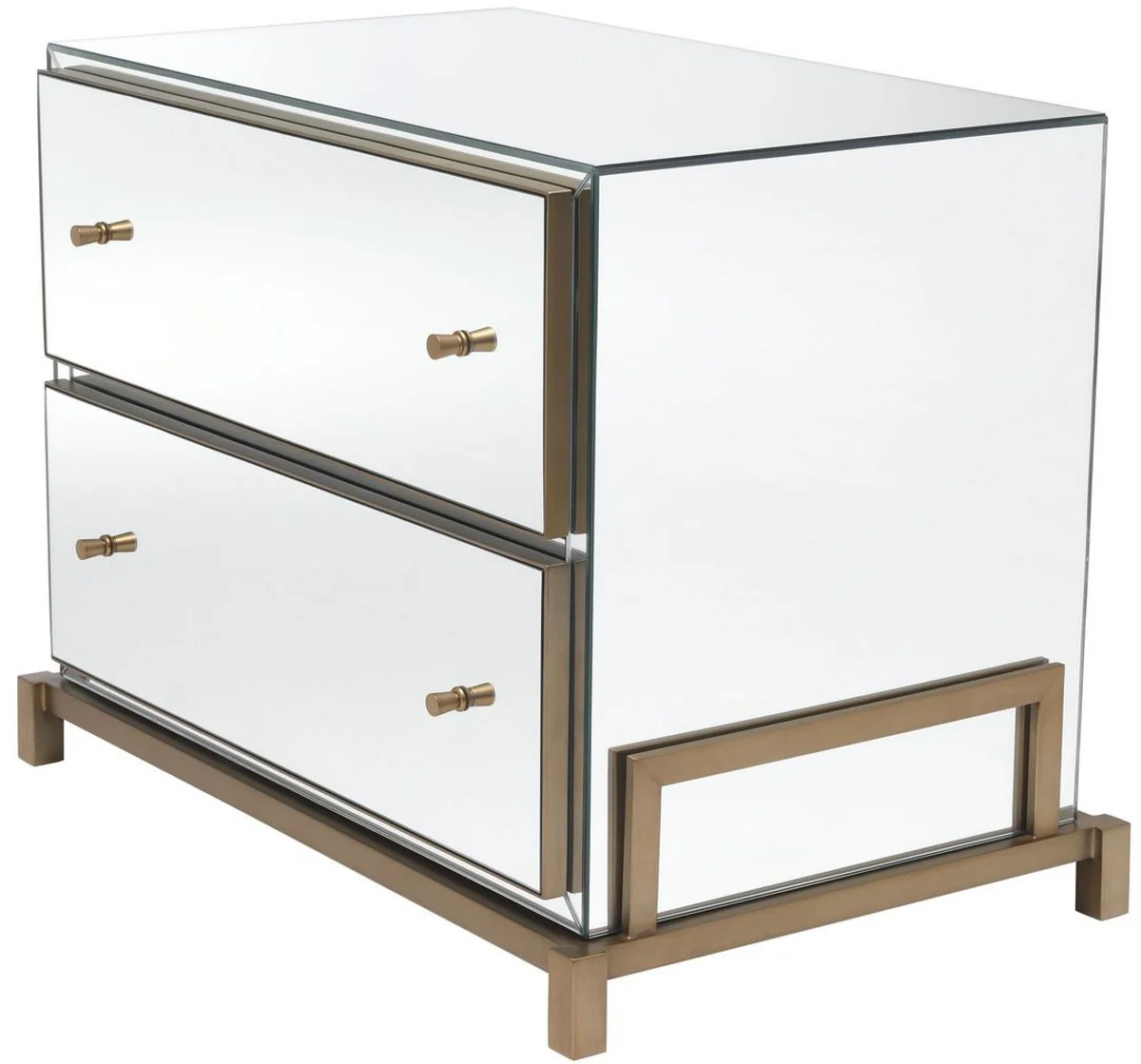 Luxus Spiegelglas Nachttisch Messingfarben 81,5 x 52 x H. 62 cm - Verspiegelte Nachtkommode mit 2 Schubladen - Schlafzimmer Möbel