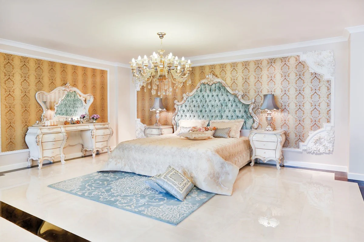 Luxus Barock Schlafzimmer Set Grün / Creme / Gold - 1 Doppelbett mit Kopfteil & 2 Nachttische - Barock Schlafzimmer Möbel - Edel & Prunkvoll