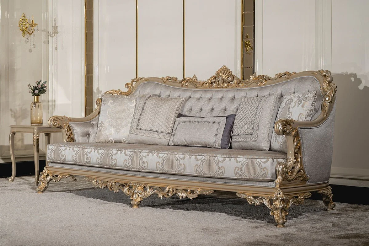 Luxus Barock Wohnzimmer Set Silber / Grau / Gold - 2 Barock Sofas & 2 Barock Sessel & 1 Barock Couchtisch - Handgefertigte Wohnzimmer Möbel im Barockstil - Edel & Prunkvoll