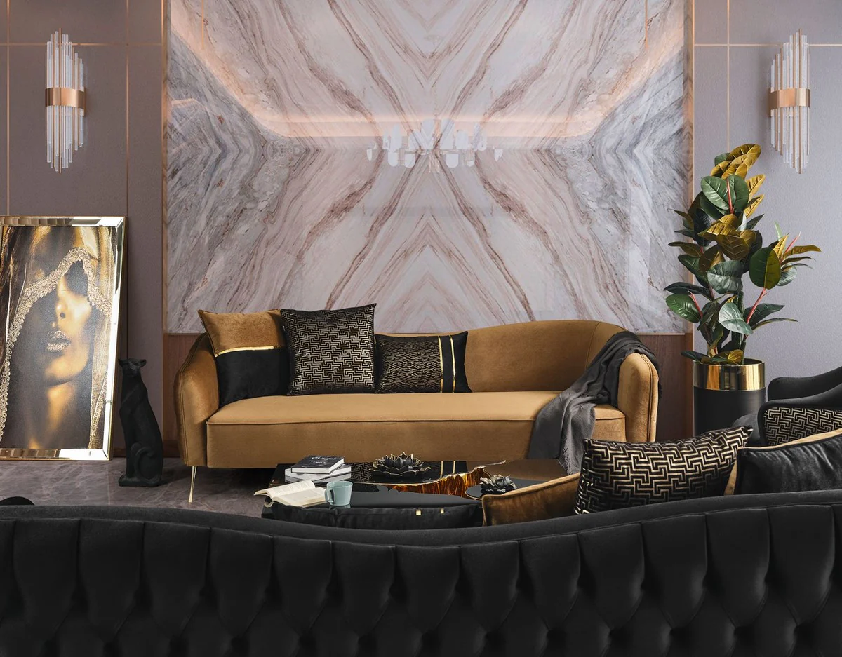 Luxus Sofa Braun / Gold 260 x 100 x H. 80 cm - Wohnzimmer Sofa - Wohnzimmer Möbel - Luxus Möbel - Wohnzimmer Einrichtung - Luxus Einrichtung - Luxus Qualität