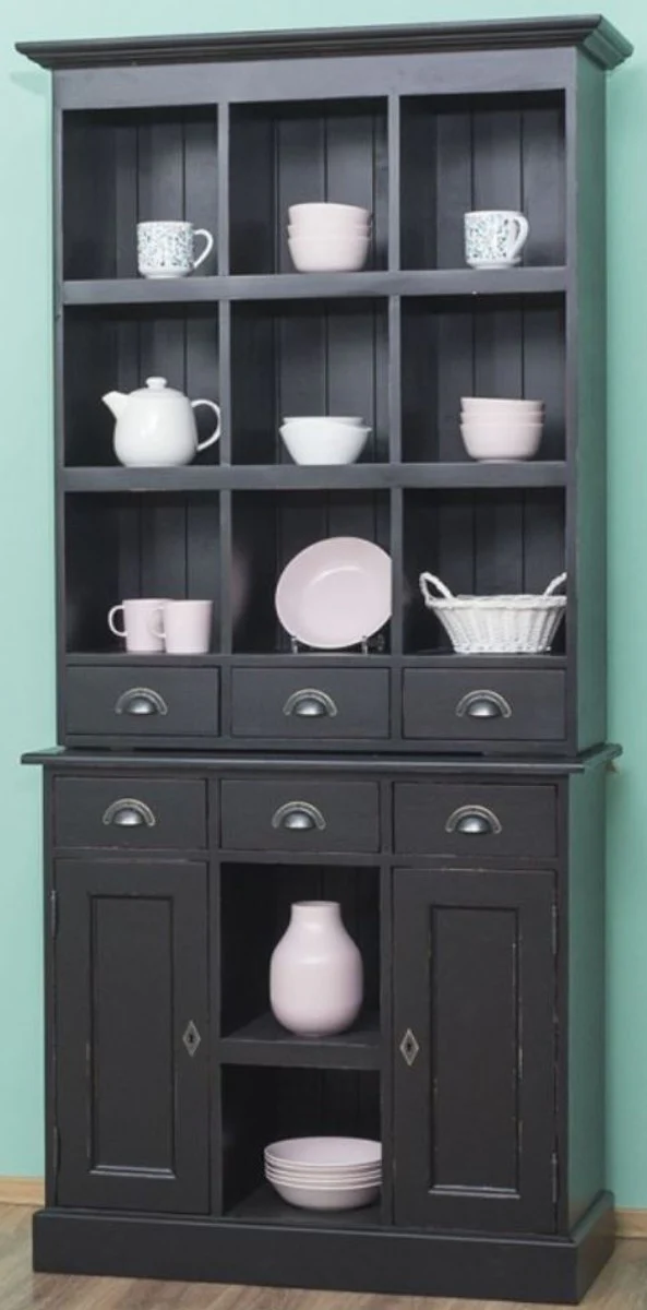 Landhausstil Schrank Antik Schwarz 97 x 40 x H. 210 cm - Massivholz Regalschrank mit 2 Türen und 6 Schubladen - Möbel im Landhausstil