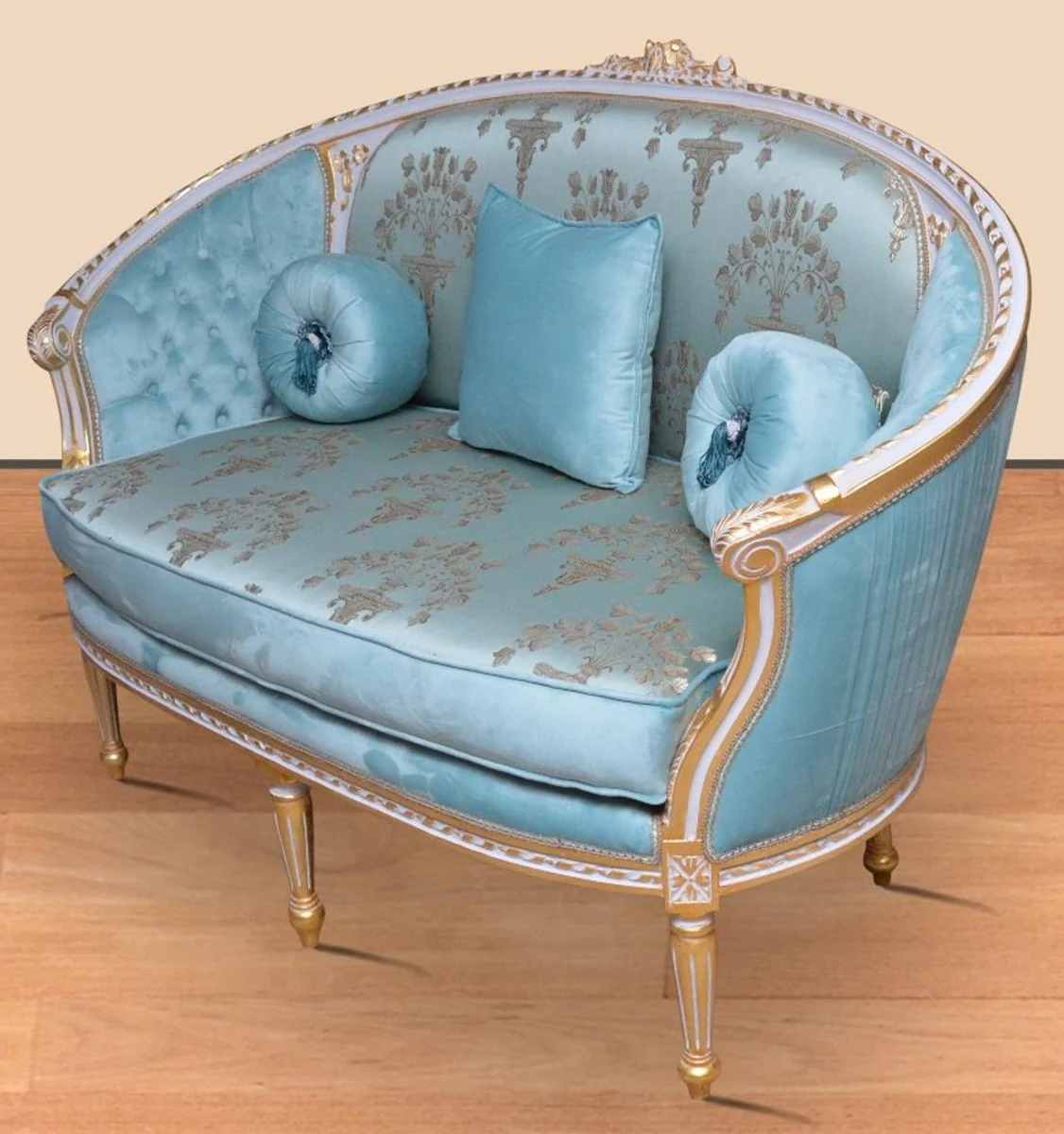 Barock Sofa Türkis Muster / Weiß / Gold - Handgefertigtes Wohnzimmer Sofa im Barockstil - Prunkvolle Barock Wohnzimmer Möbel
