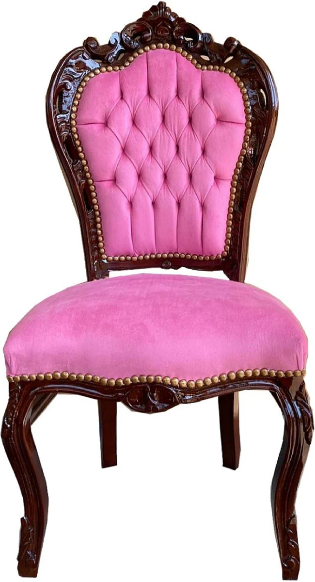 Barock Esszimmerstuhl Rosa / Braun 53 x 57 x H. 108 cm - Handgefertigter Massivholz Küchenstuhl mit edlem Samtstoff - Barock Esszimmer Möbel